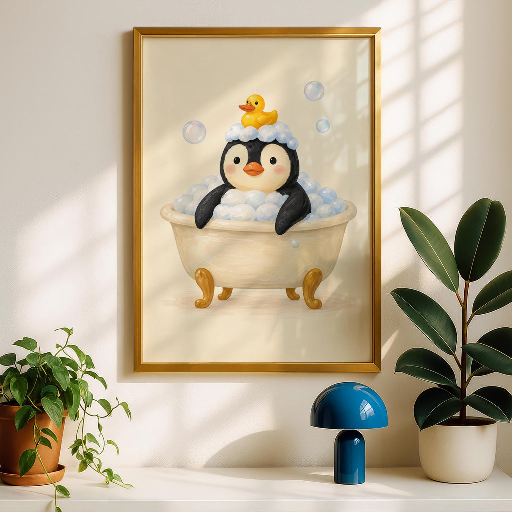Penguin Bubble Bath Print, Cute Bathroom Wall Art, Rubber Duck Poster, Nursery Animal Decor