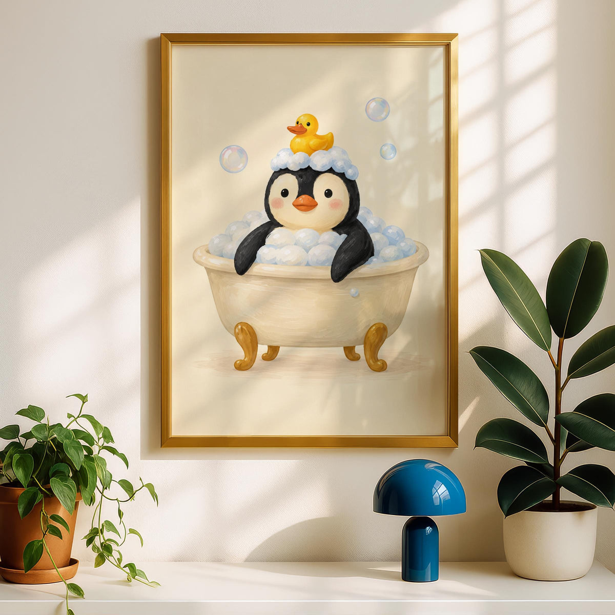 Penguin Bubble Bath Print, Cute Bathroom Wall Art, Rubber Duck Poster, Nursery Animal Decor