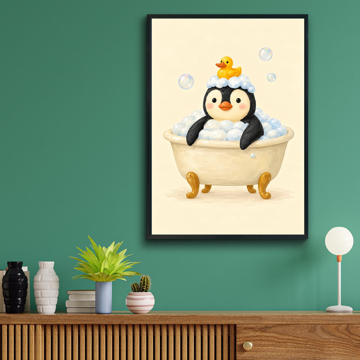 Penguin Bubble Bath Print, Cute Bathroom Wall Art, Rubber Duck Poster, Nursery Animal Decor
