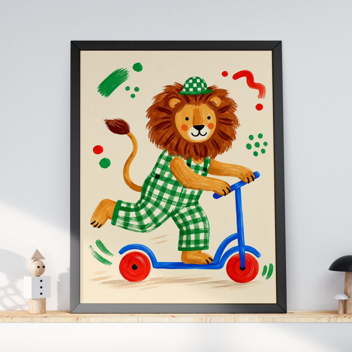 Lion on Scooter Nursery Wall Art, Children's Animal Print, Green Gingham, Playroom Poster, Kids Room