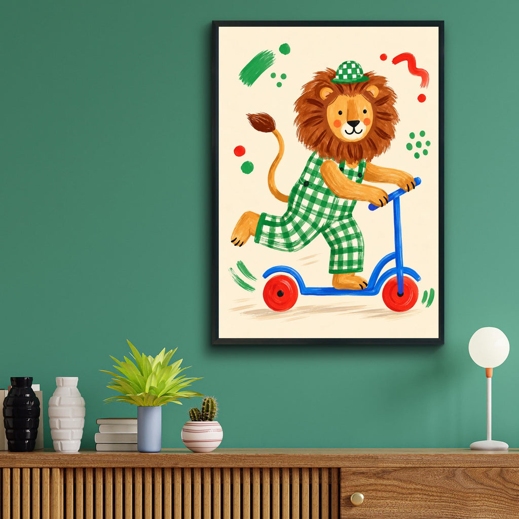 Lion on Scooter Nursery Wall Art, Children's Animal Print, Green Gingham, Playroom Poster, Kids Room