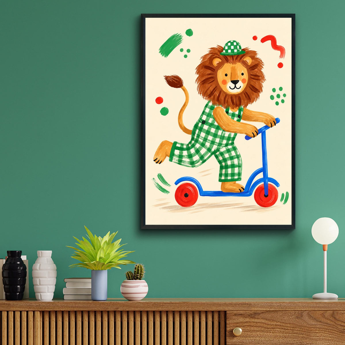 Lion on Scooter Nursery Wall Art, Children's Animal Print, Green Gingham, Playroom Poster, Kids Room
