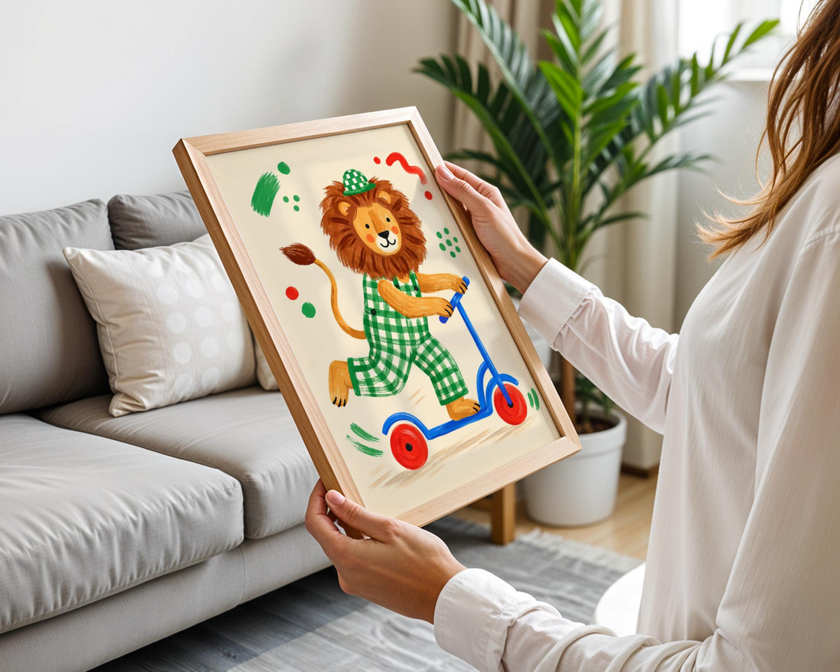 Lion on Scooter Nursery Wall Art, Children's Animal Print, Green Gingham, Playroom Poster, Kids Room