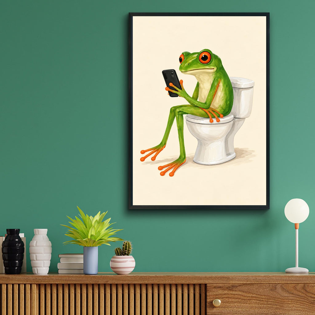 Funny Frog Bathroom Print, Red Eyed Tree Frog on Toilet, Quirky Loo Wall Art, Humorous WC Poster
