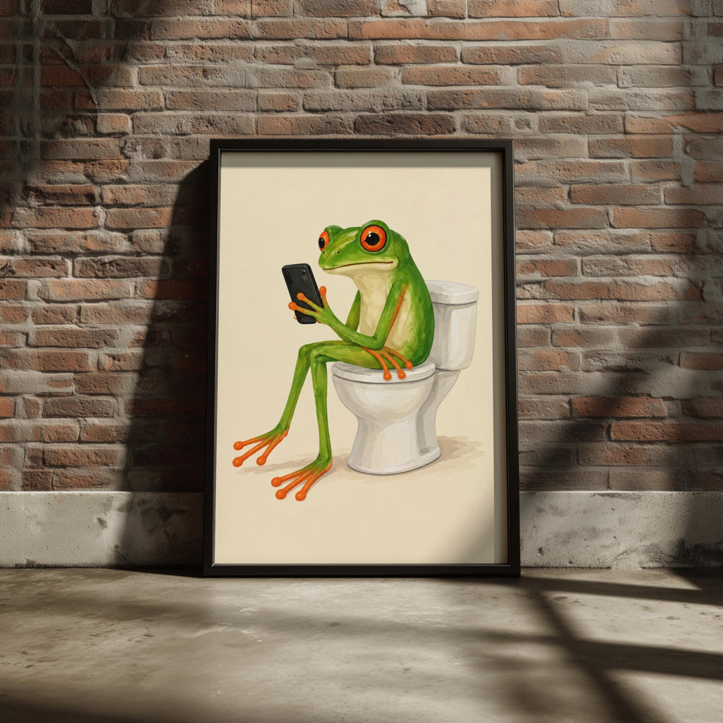Funny Frog Bathroom Print, Red Eyed Tree Frog on Toilet, Quirky Loo Wall Art, Humorous WC Poster
