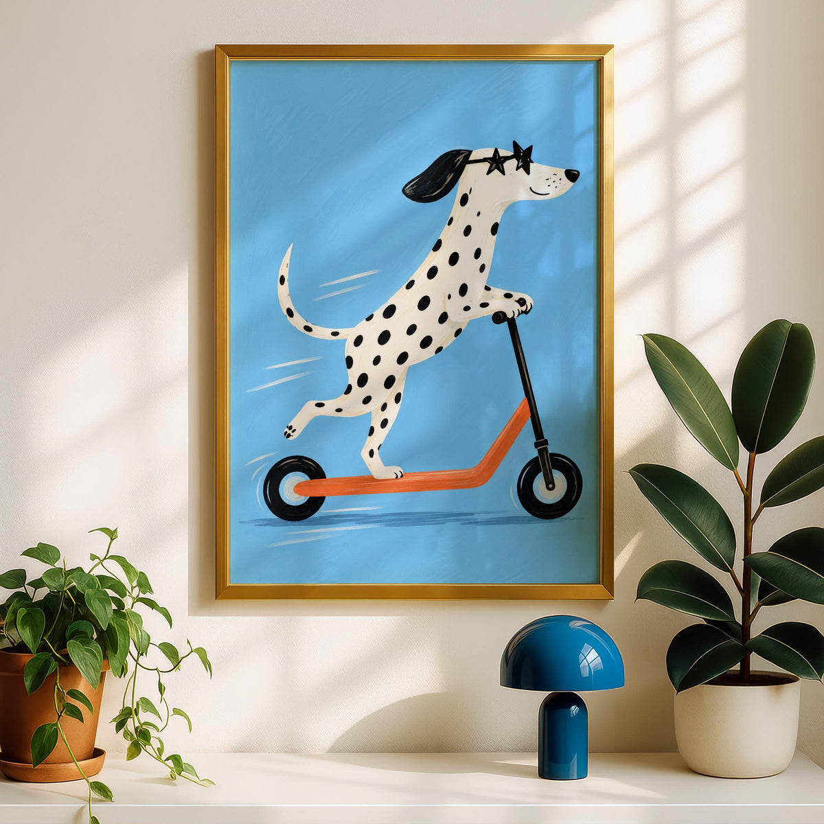 Dalmatian Riding Scooter Print, Funny Dog Wall Art, Quirky Animal Poster, Blue Nursery Decor