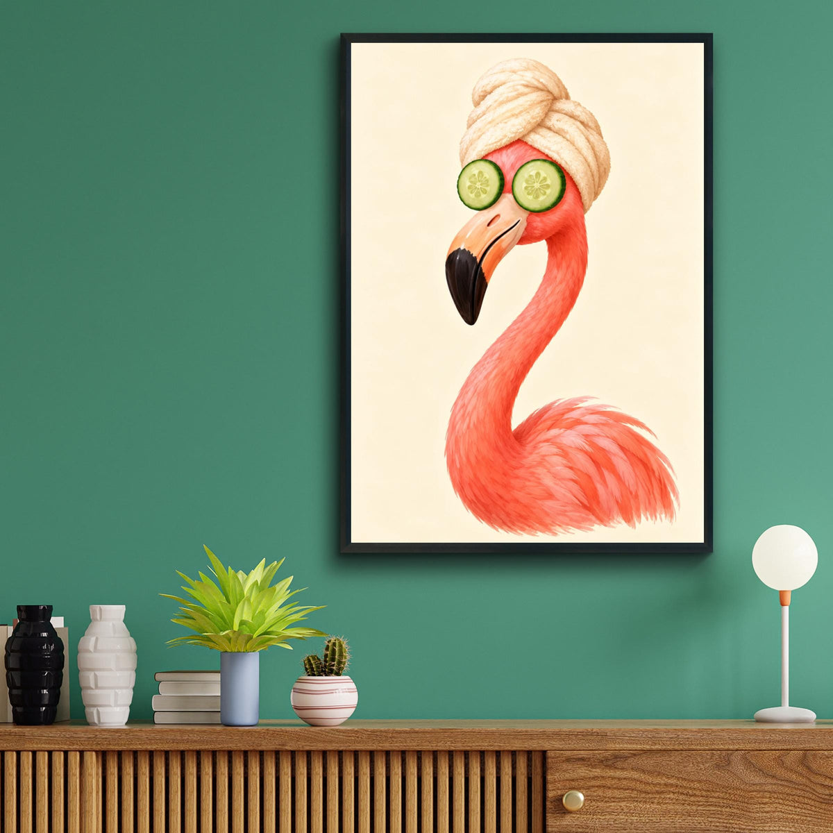 Flamingo Spa Day Print, Funny Bathroom Wall Art, Pink Bird Poster, Cucumber Eyes Towel Turban Decor