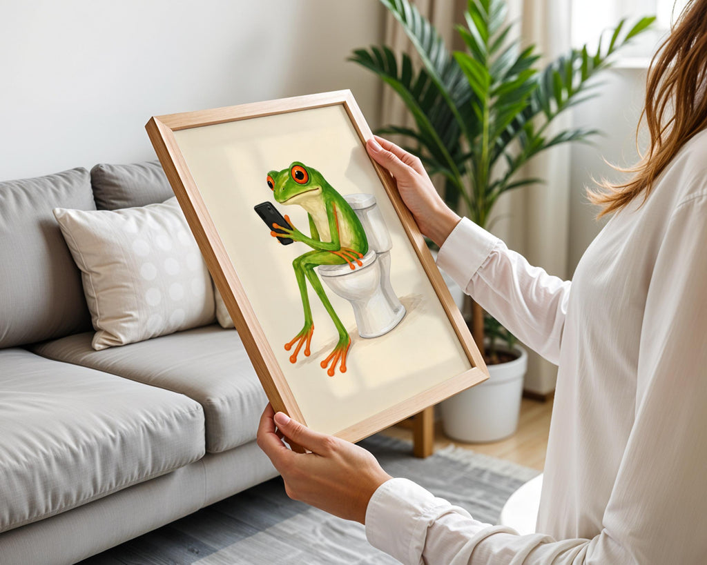Funny Frog Bathroom Print, Red Eyed Tree Frog on Toilet, Quirky Loo Wall Art, Humorous WC Poster