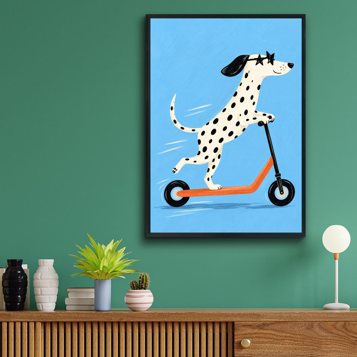 Dalmatian Riding Scooter Print, Funny Dog Wall Art, Quirky Animal Poster, Blue Nursery Decor