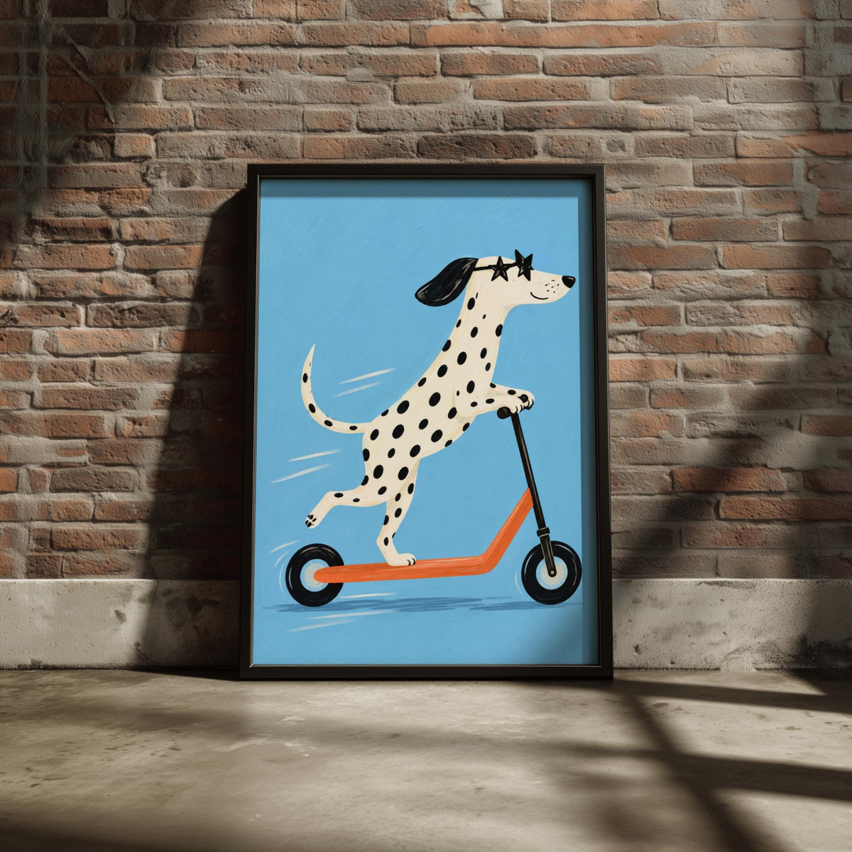 Dalmatian Riding Scooter Print, Funny Dog Wall Art, Quirky Animal Poster, Blue Nursery Decor