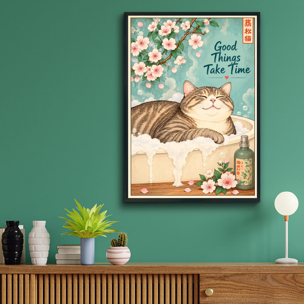 Cat Bath Poster, Japanese Cherry Blossom Wall Art, Bathroom Print, Good Things Take Time Quote