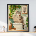 Funny Cat Bathroom Poster, Tabby Cat Reading Newspaper on Toilet, Quirky Loo Wall Art