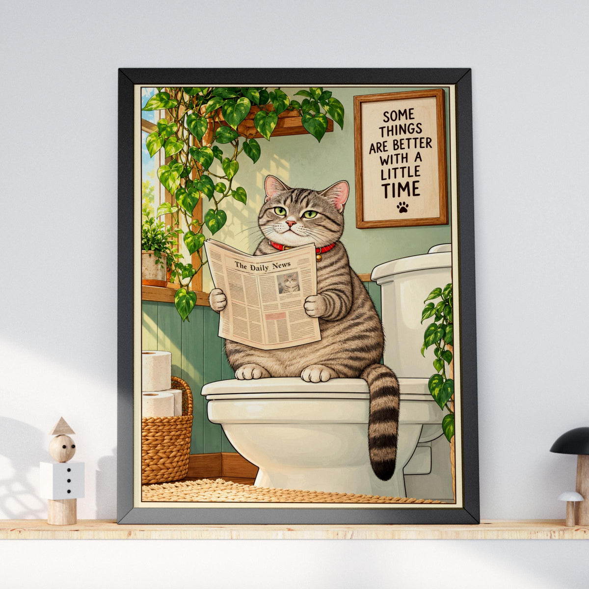 Funny Cat Bathroom Poster, Tabby Cat Reading Newspaper on Toilet, Quirky Loo Wall Art