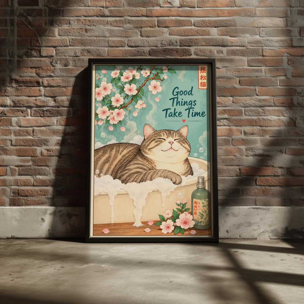 Cat Bath Poster, Japanese Cherry Blossom Wall Art, Bathroom Print, Good Things Take Time Quote