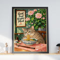Cat Eating Ramen Wall Art, Kitchen Poster, Pink Peony Print, Japanese Style, Funny Foodie Quote
