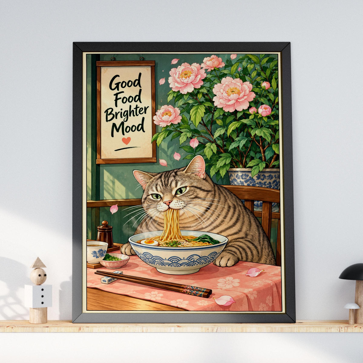 Cat Eating Ramen Wall Art, Kitchen Poster, Pink Peony Print, Japanese Style, Funny Foodie Quote