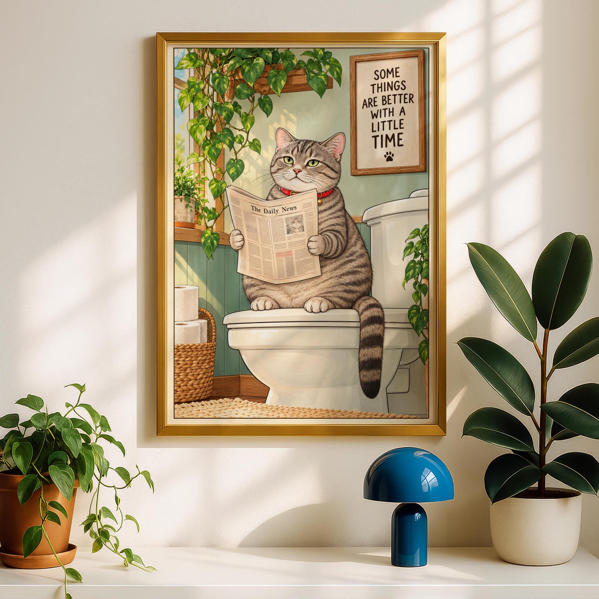Funny Cat Bathroom Poster, Tabby Cat Reading Newspaper on Toilet, Quirky Loo Wall Art