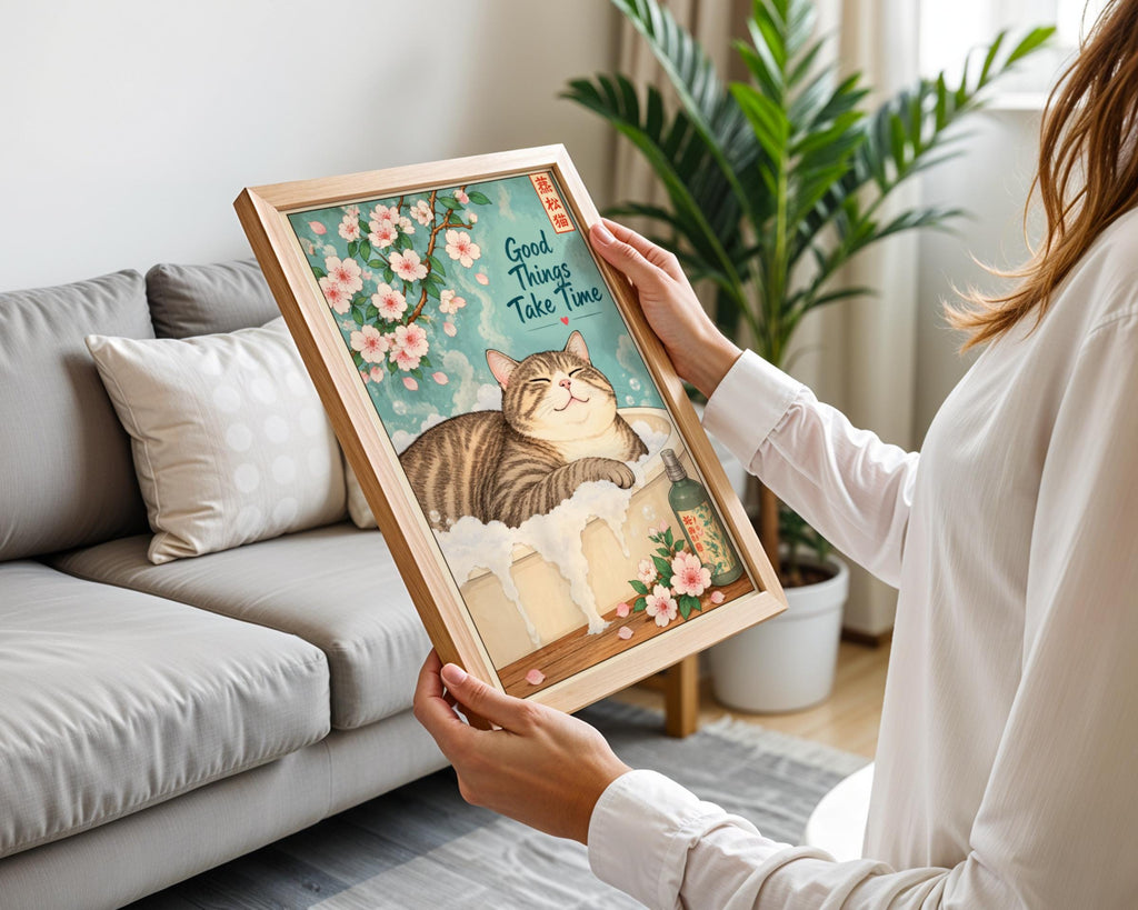 Cat Bath Poster, Japanese Cherry Blossom Wall Art, Bathroom Print, Good Things Take Time Quote