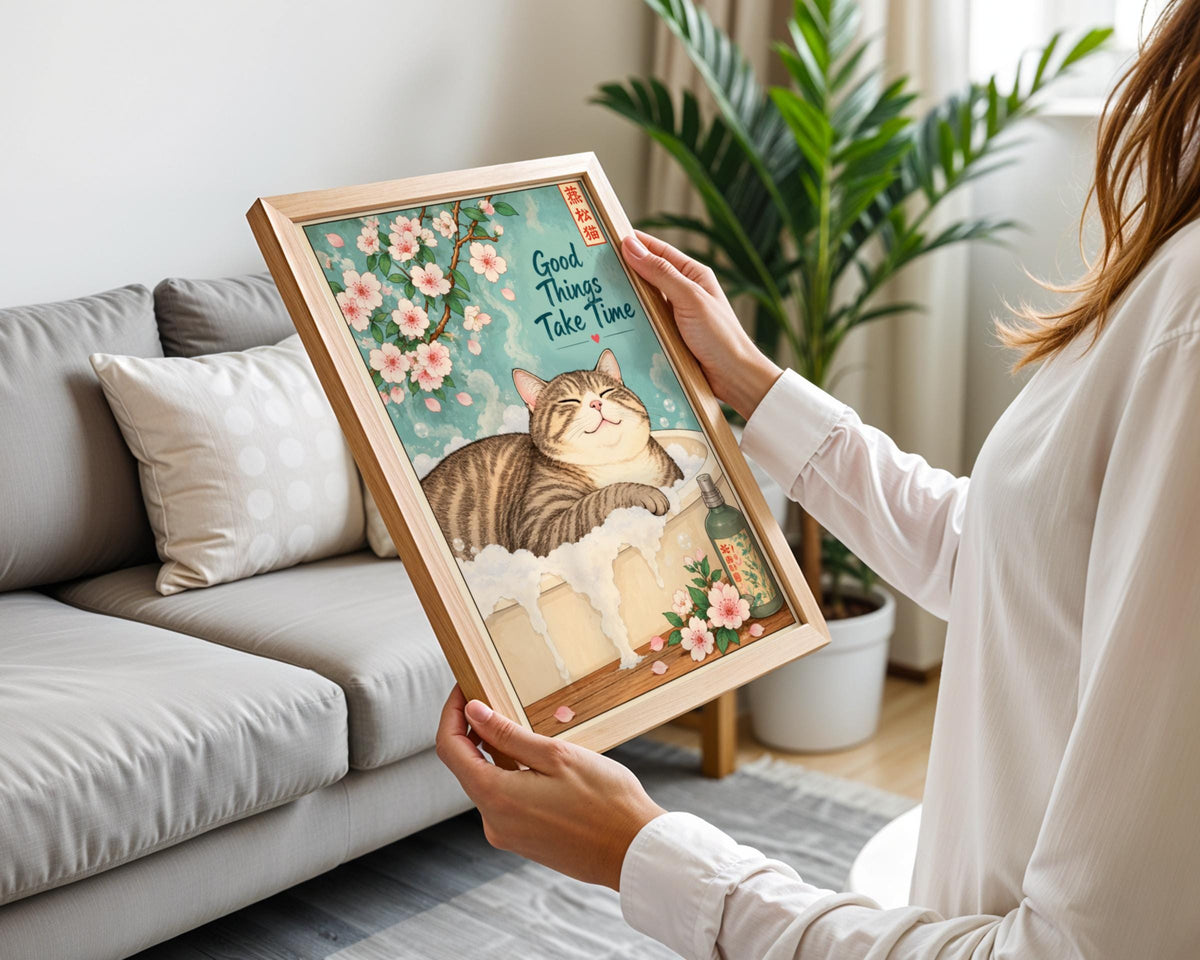Cat Bath Poster, Japanese Cherry Blossom Wall Art, Bathroom Print, Good Things Take Time Quote