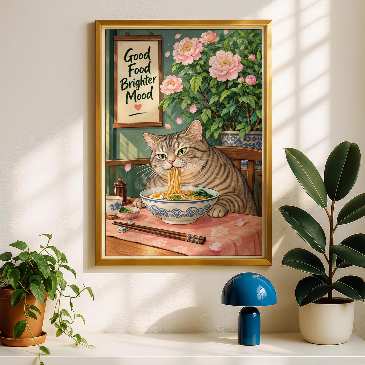 Cat Eating Ramen Wall Art, Kitchen Poster, Pink Peony Print, Japanese Style, Funny Foodie Quote