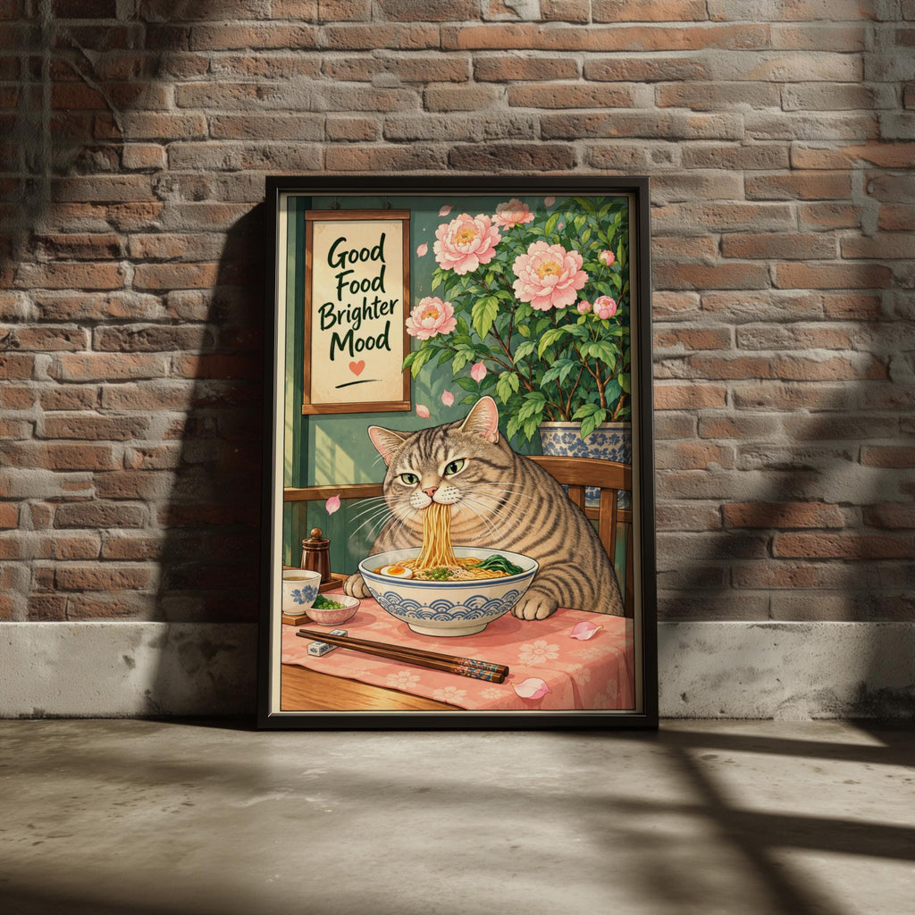 Cat Eating Ramen Wall Art, Kitchen Poster, Pink Peony Print, Japanese Style, Funny Foodie Quote