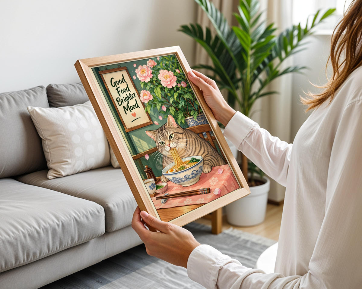 Cat Eating Ramen Wall Art, Kitchen Poster, Pink Peony Print, Japanese Style, Funny Foodie Quote
