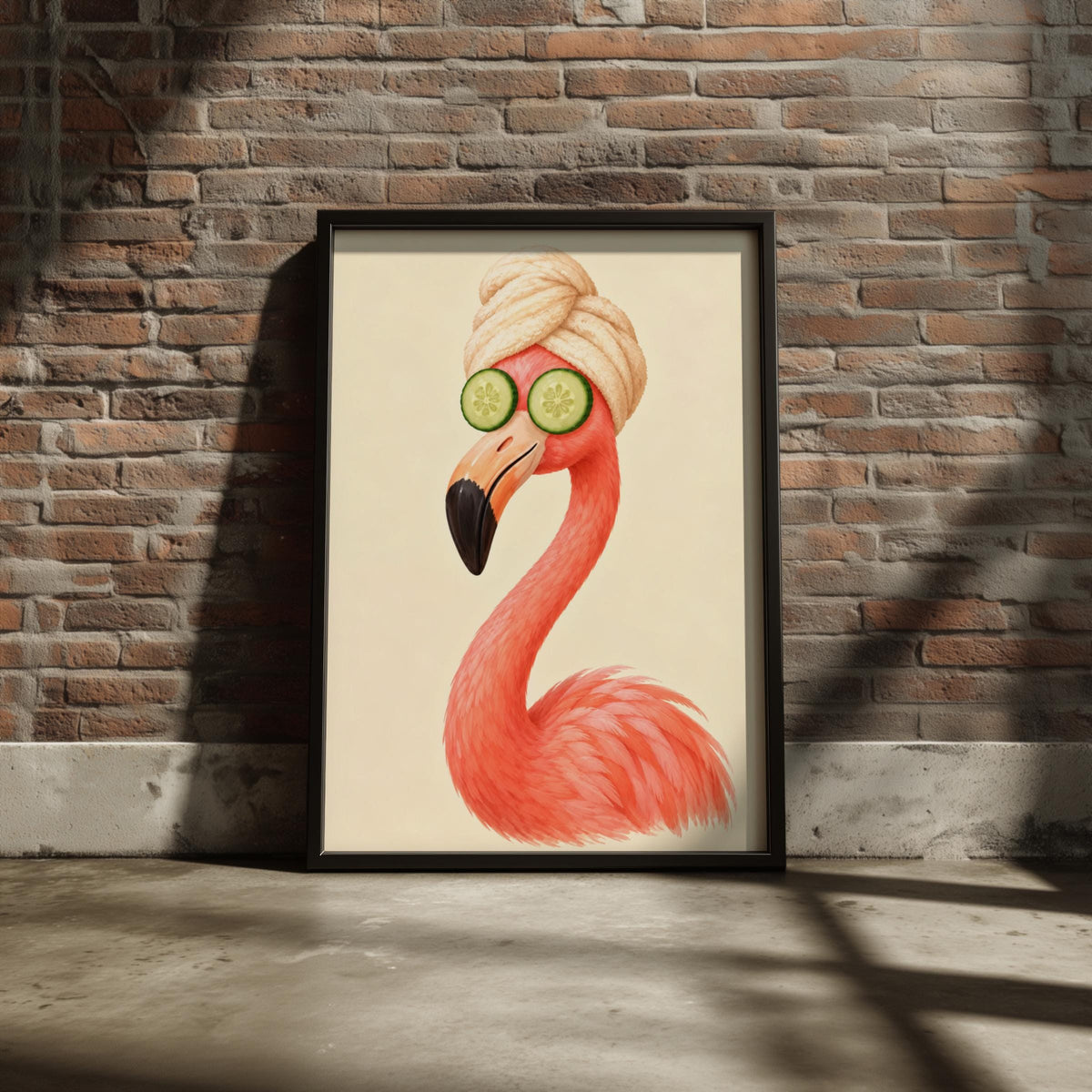 Flamingo Spa Day Print, Funny Bathroom Wall Art, Pink Bird Poster, Cucumber Eyes Towel Turban Decor