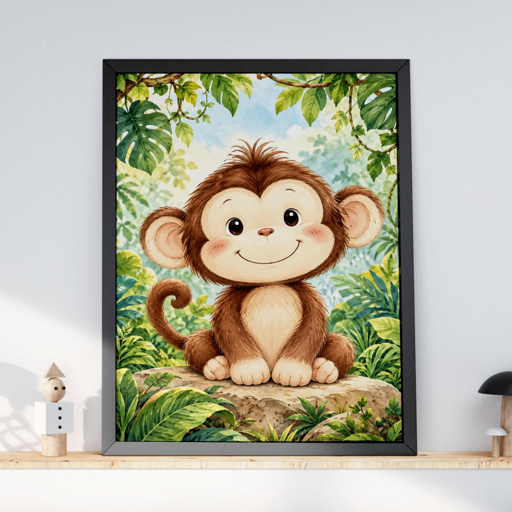 Baby Monkey Nursery Wall Art, Jungle Animal Poster, Watercolour Safari Print, Kids Bedroom Decor