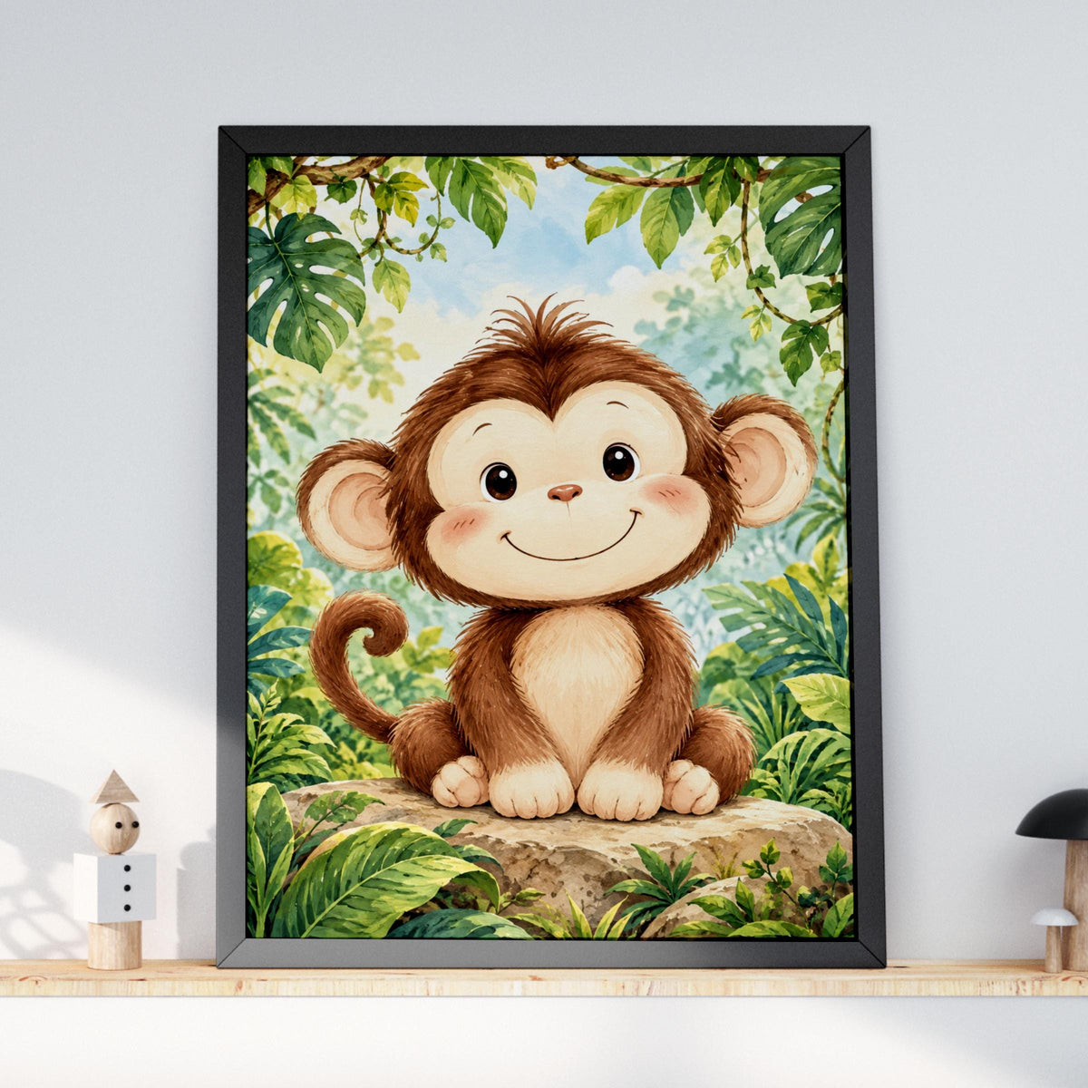 Baby Monkey Nursery Wall Art, Jungle Animal Poster, Watercolour Safari Print, Kids Bedroom Decor