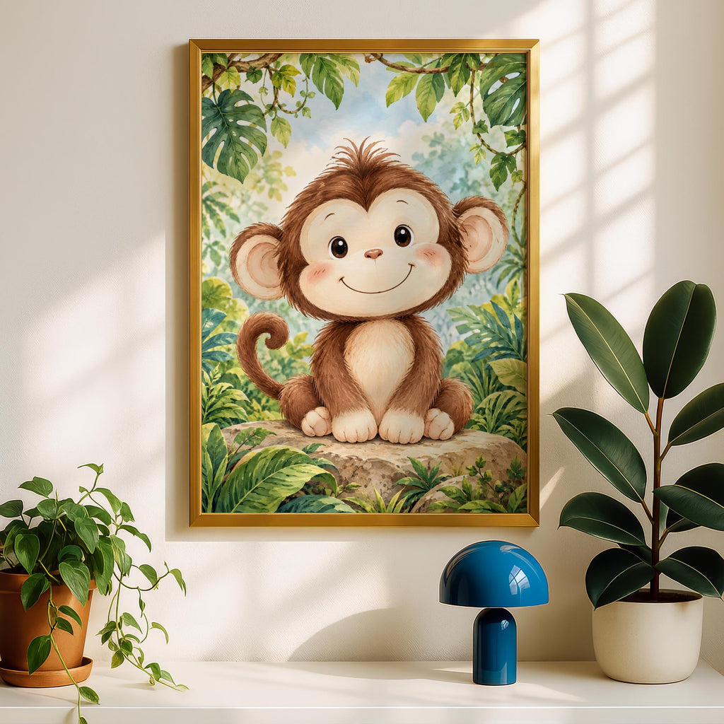 Baby Monkey Nursery Wall Art, Jungle Animal Poster, Watercolour Safari Print, Kids Bedroom Decor