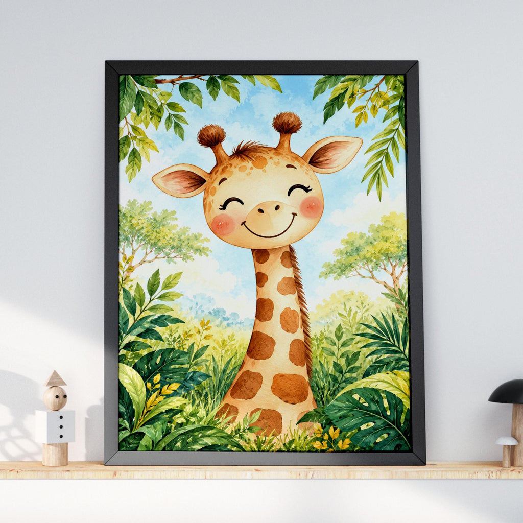 Baby Giraffe Nursery Art Print, Cute Jungle Animal Poster, Watercolour Safari Wall Decor for Kids