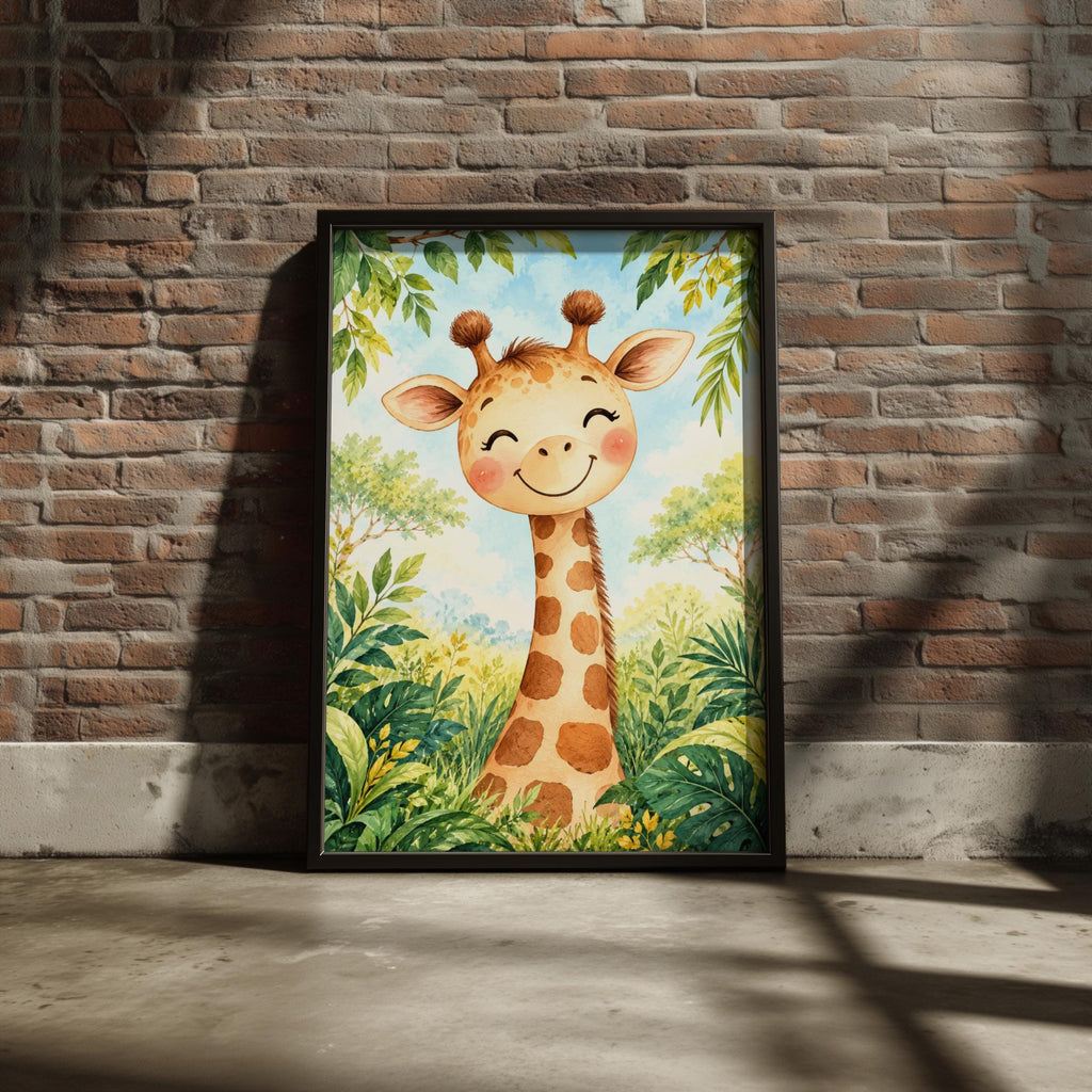 Baby Giraffe Nursery Art Print, Cute Jungle Animal Poster, Watercolour Safari Wall Decor for Kids