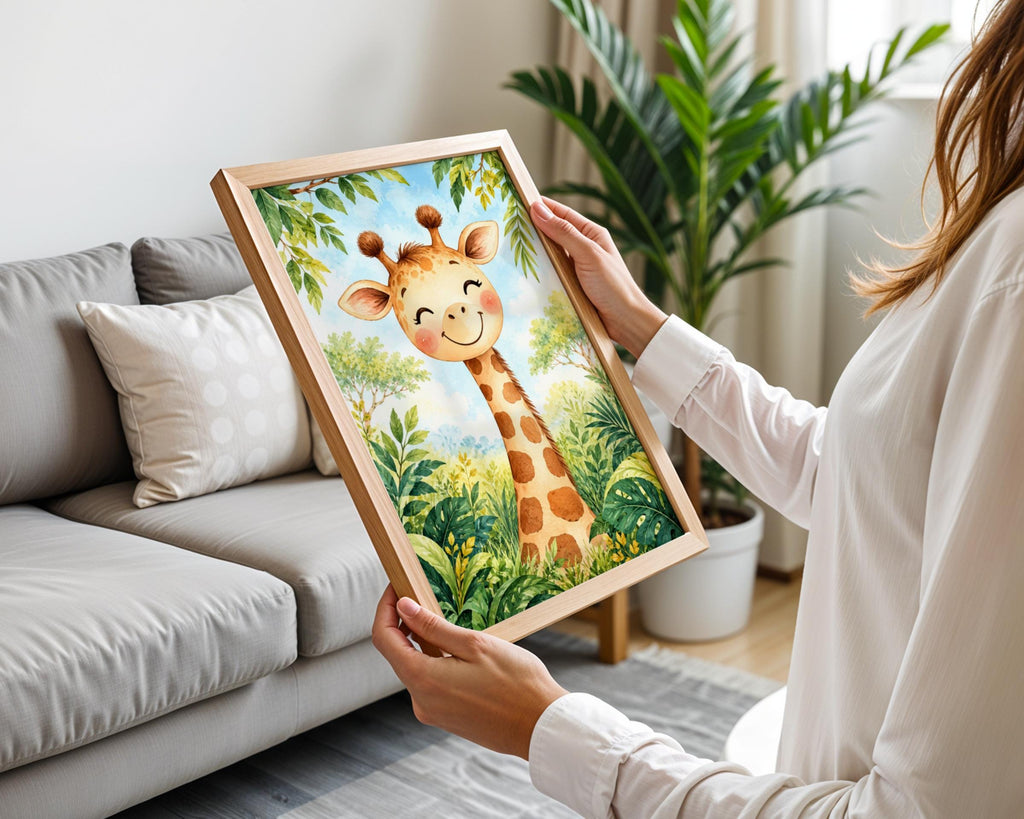 Baby Giraffe Nursery Art Print, Cute Jungle Animal Poster, Watercolour Safari Wall Decor for Kids