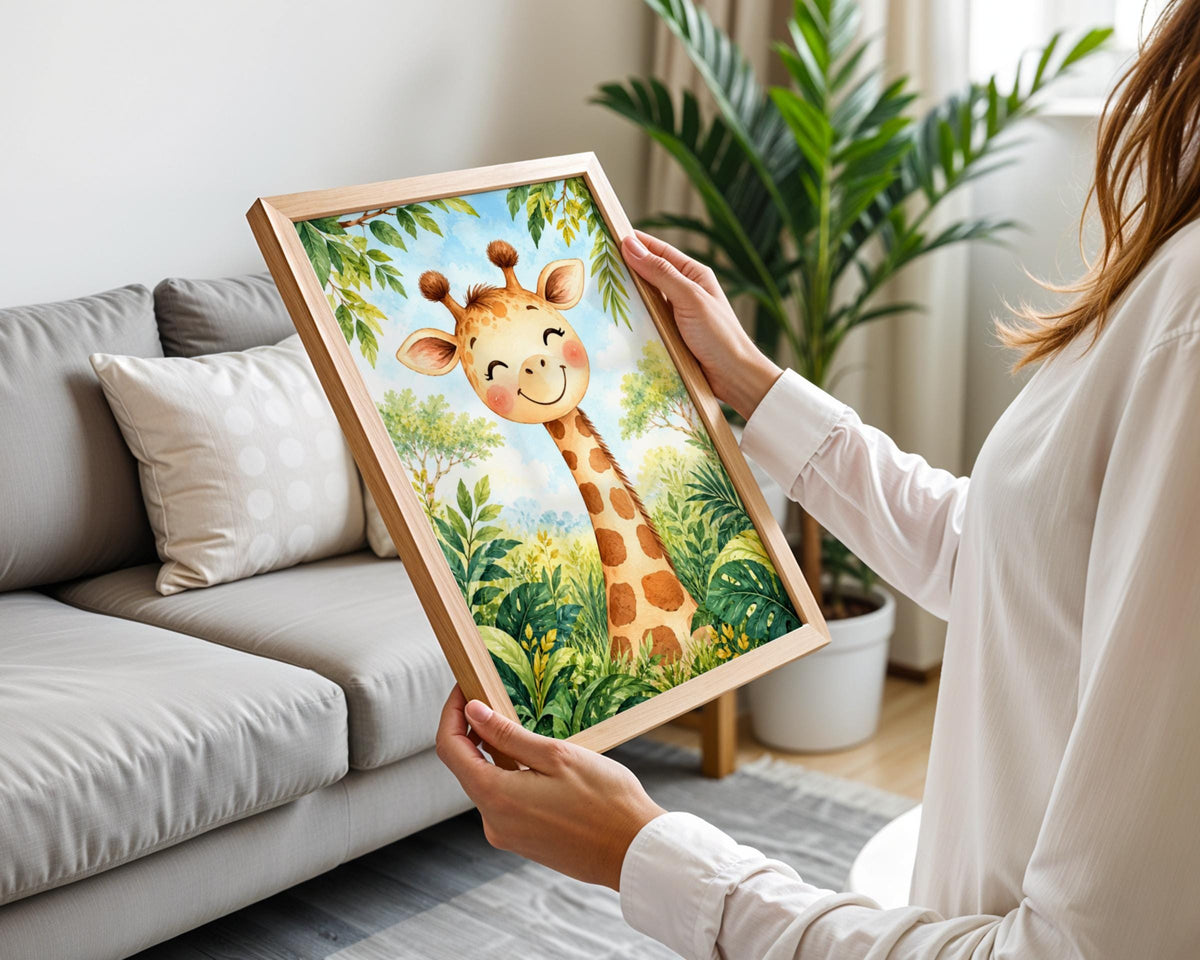 Baby Giraffe Nursery Art Print, Cute Jungle Animal Poster, Watercolour Safari Wall Decor for Kids