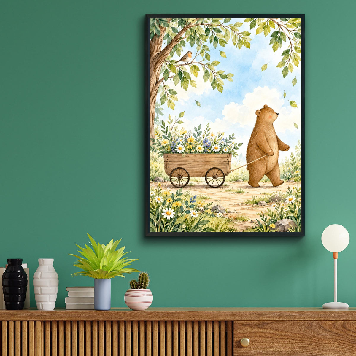 Bear Nursery Wall Art, Woodland Animal Poster, Watercolour Wildflower Print, Robin Bird Illustration