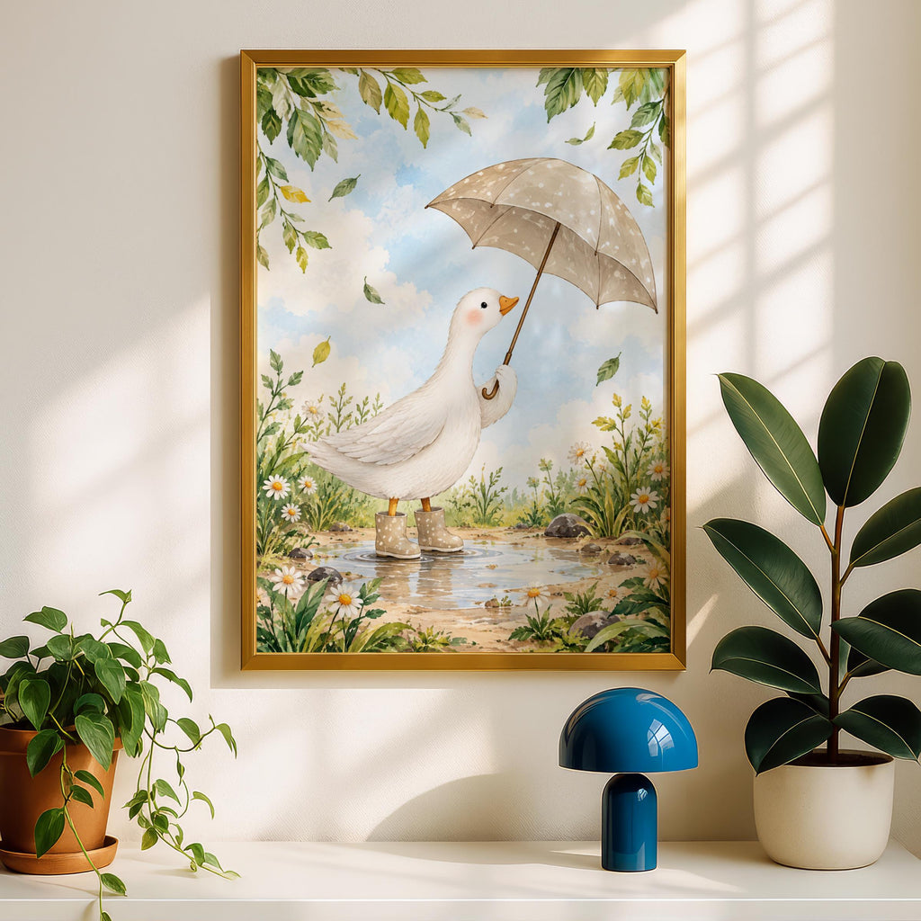 Duck Umbrella Nursery Wall Art, Watercolour Goose in Wellies Print, Daisy Meadow Poster, Kids Room