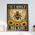 Bee Kind Quote Print, Vintage Bumble Bee Sunflower Poster, Kindness Wall Art Gift