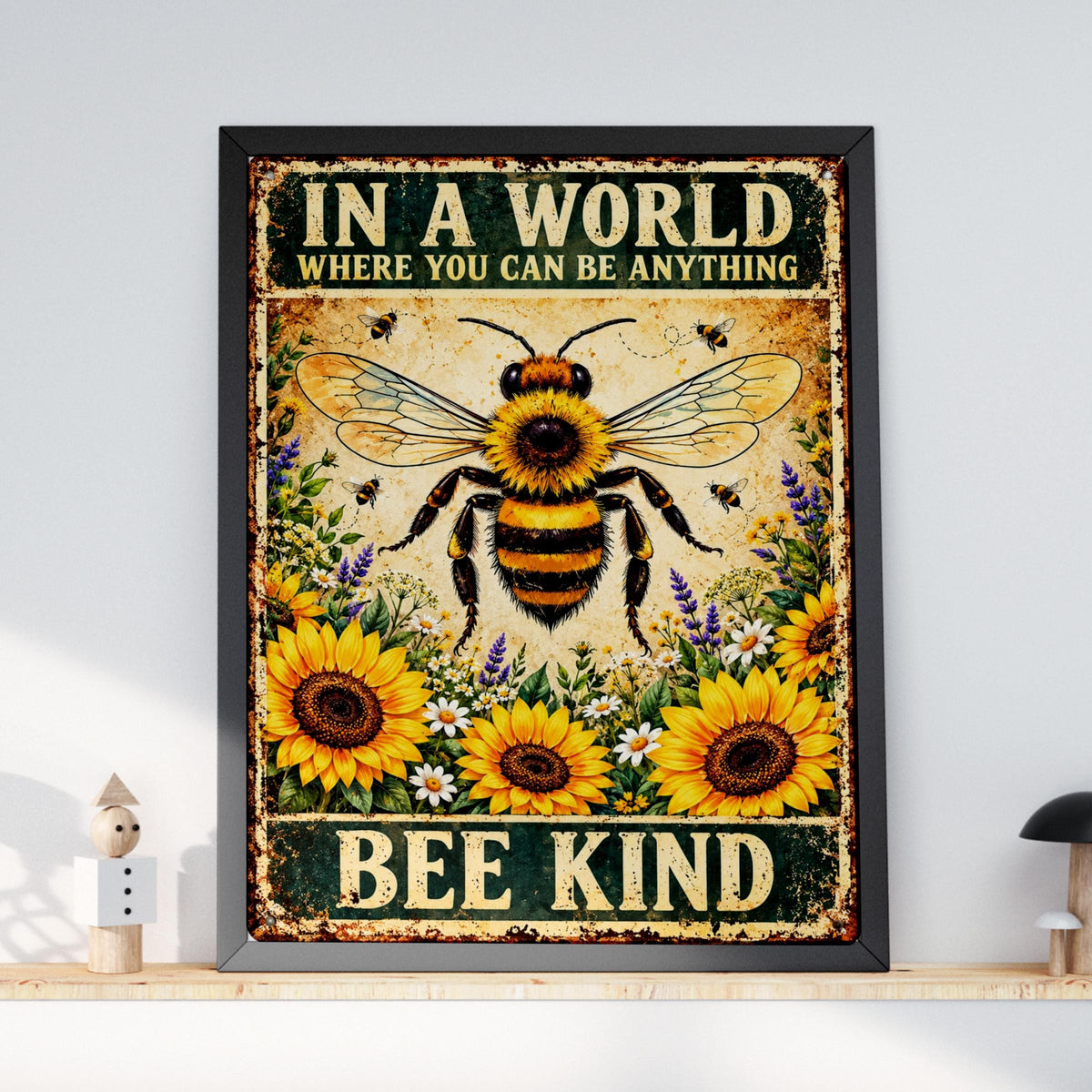 Bee Kind Quote Print, Vintage Bumble Bee Sunflower Poster, Kindness Wall Art Gift