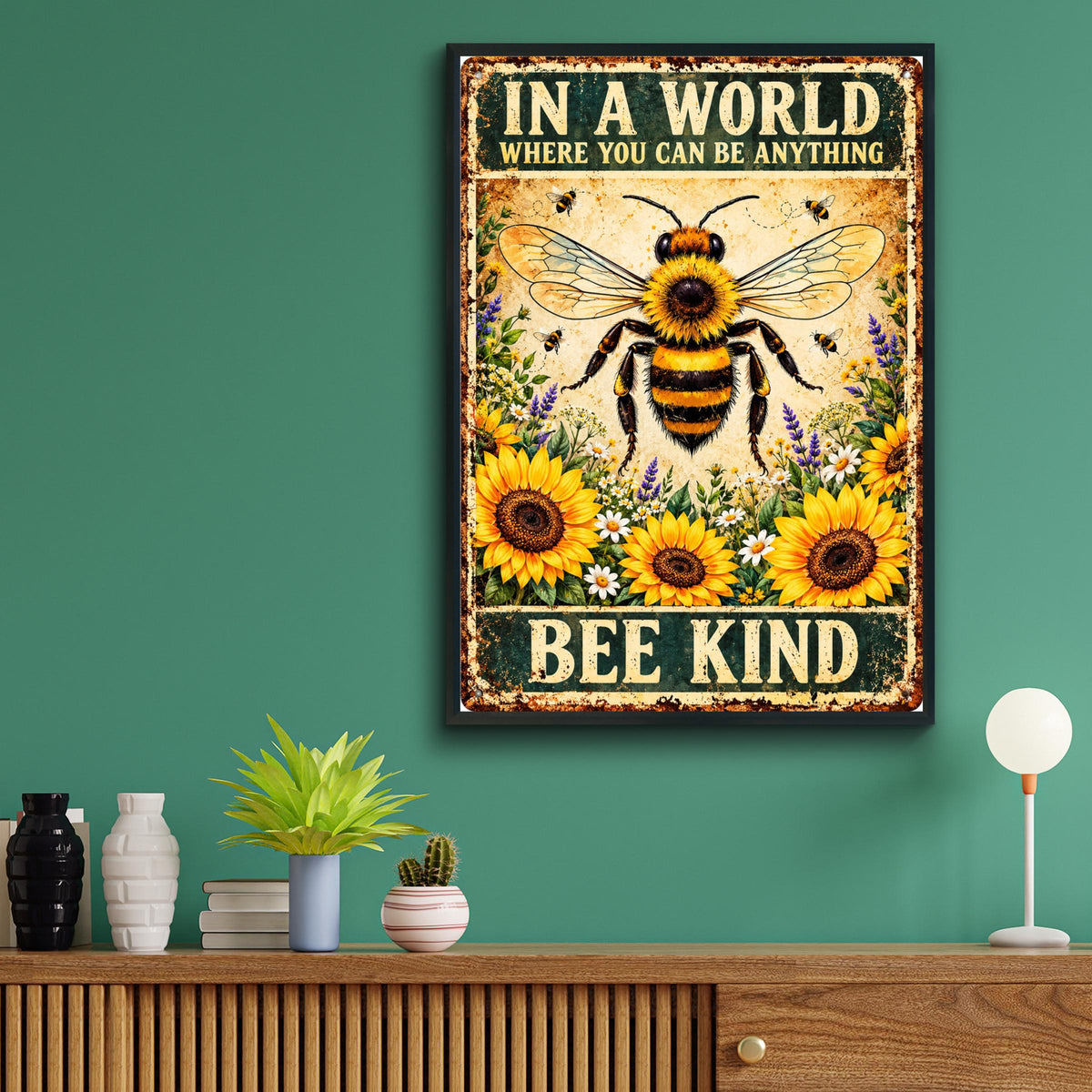 Bee Kind Quote Print, Vintage Bumble Bee Sunflower Poster, Kindness Wall Art Gift