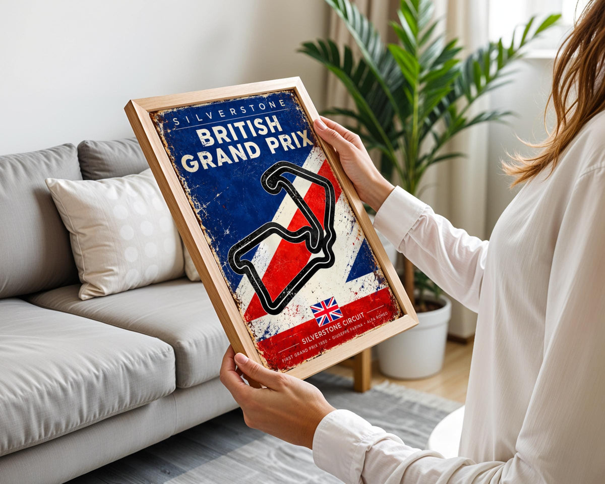 Silverstone British Grand Prix Vintage Poster, F1 Circuit Map Wall Art Print