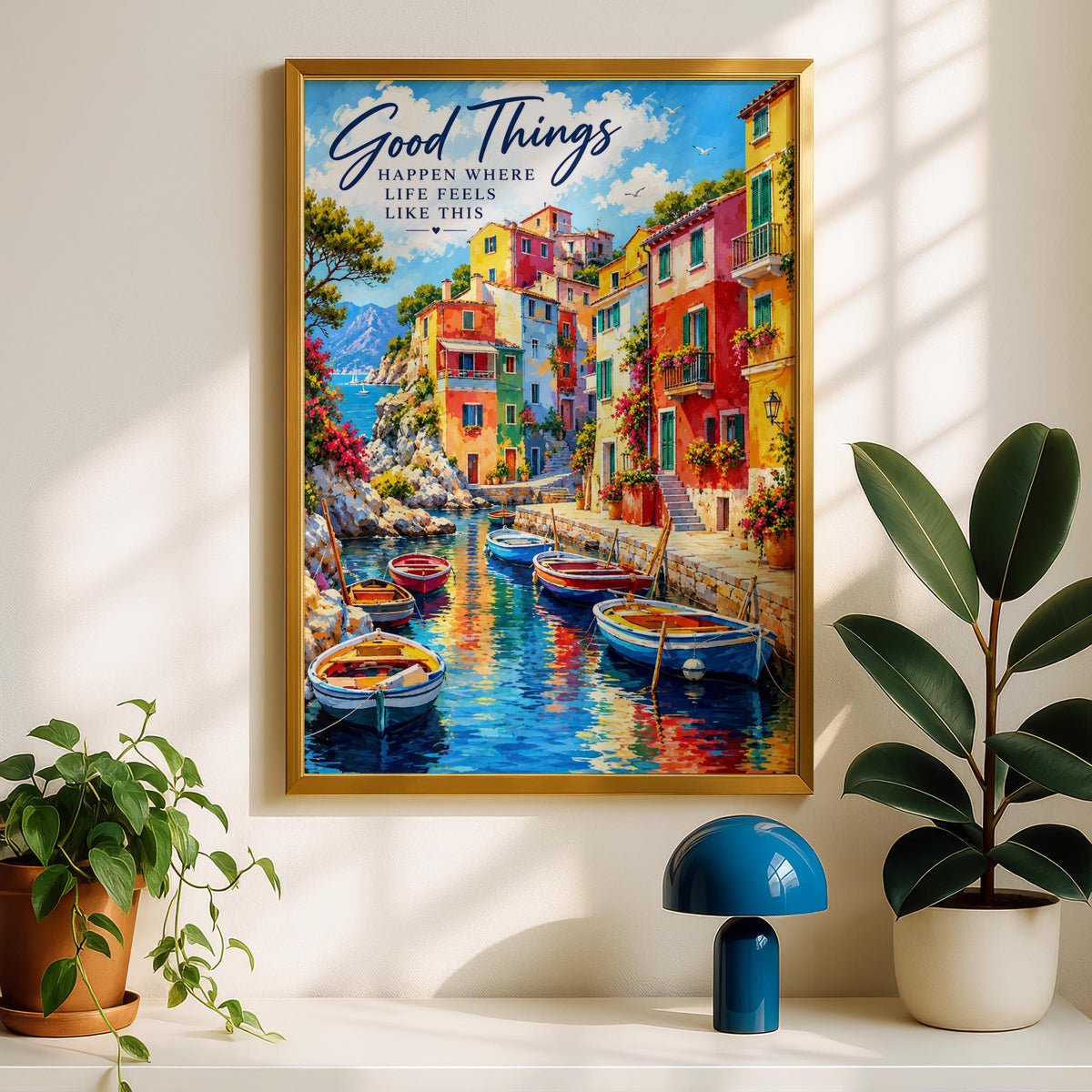 Mediterranean Harbour Quote Print, Colourful Coastal Village Wall Art Poster, Boats Italy