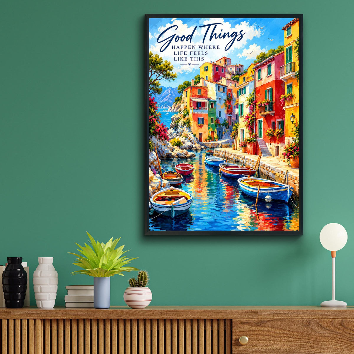Mediterranean Harbour Quote Print, Colourful Coastal Village Wall Art Poster, Boats Italy