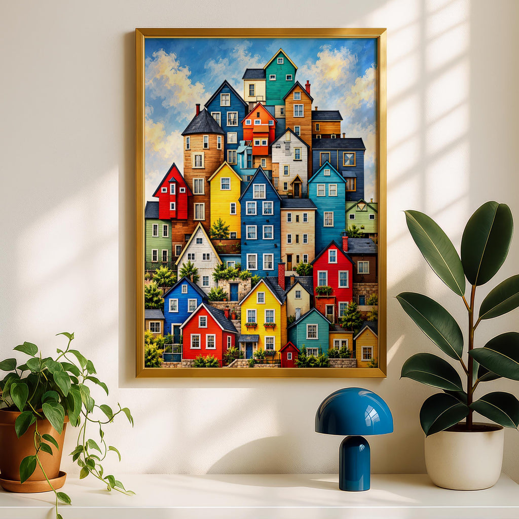 Colourful Hillside Houses Art Print, Bright Village Wall Art, Whimsical Home Poster, Bold Colour