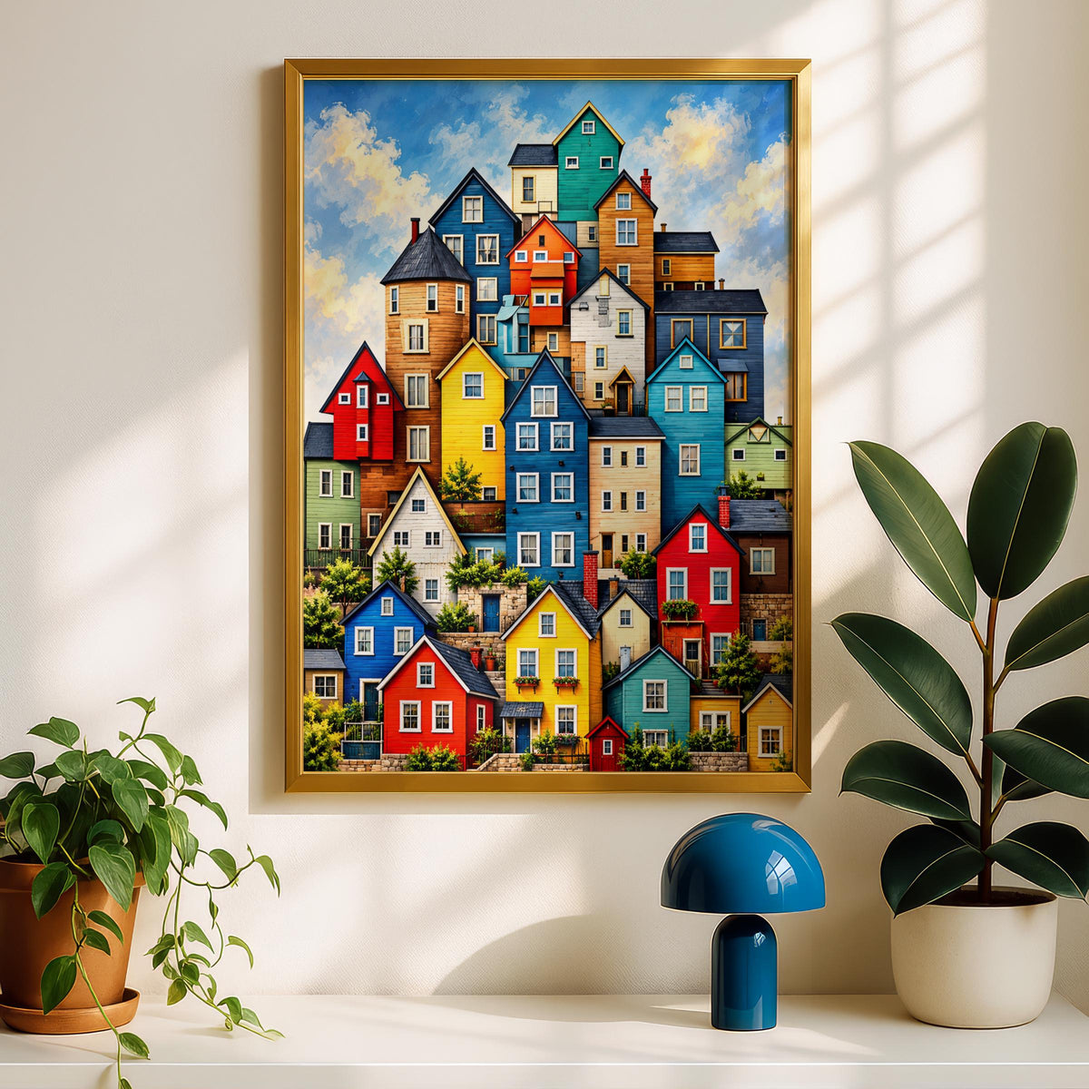 Colourful Hillside Houses Art Print, Bright Village Wall Art, Whimsical Home Poster, Bold Colour