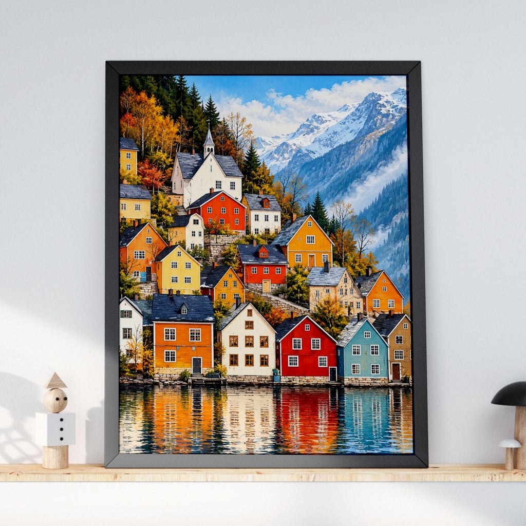 Nordic Lakeside Village Poster, Colourful Scandinavian Houses Wall Art Print