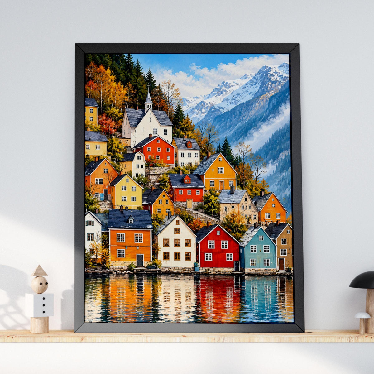Nordic Lakeside Village Poster, Colourful Scandinavian Houses Wall Art Print