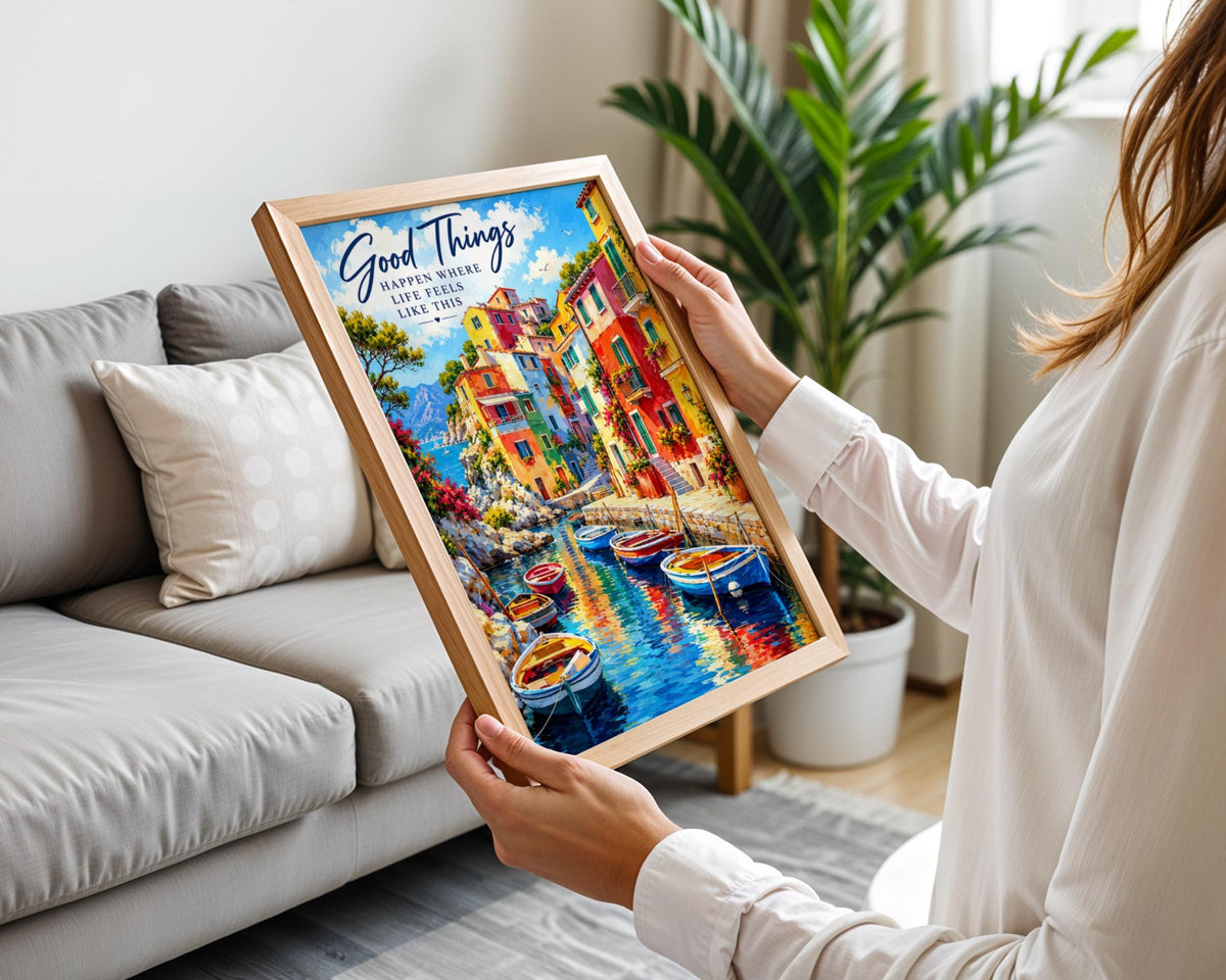 Mediterranean Harbour Quote Print, Colourful Coastal Village Wall Art Poster, Boats Italy