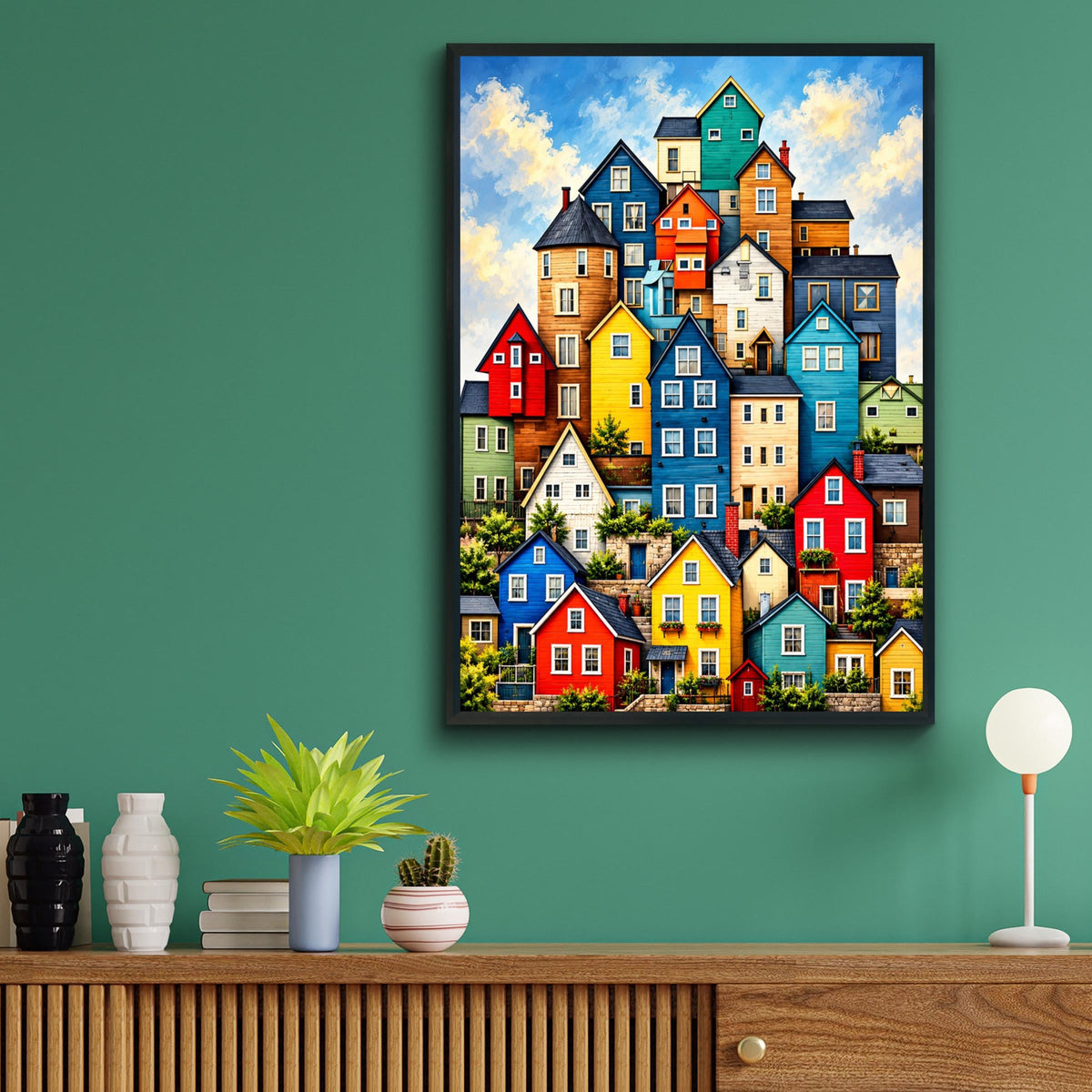 Colourful Hillside Houses Art Print, Bright Village Wall Art, Whimsical Home Poster, Bold Colour