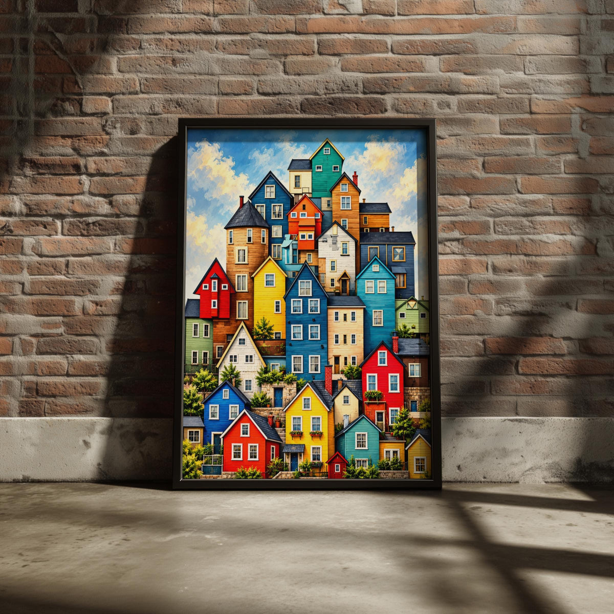 Colourful Hillside Houses Art Print, Bright Village Wall Art, Whimsical Home Poster, Bold Colour