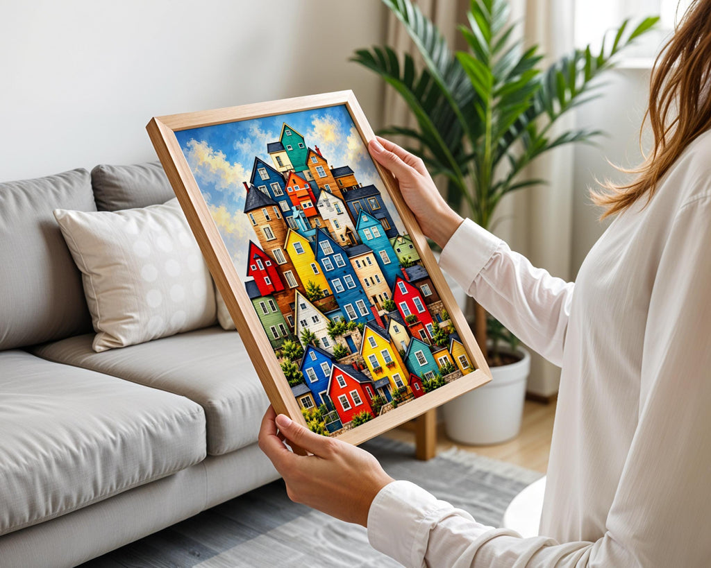 Colourful Hillside Houses Art Print, Bright Village Wall Art, Whimsical Home Poster, Bold Colour